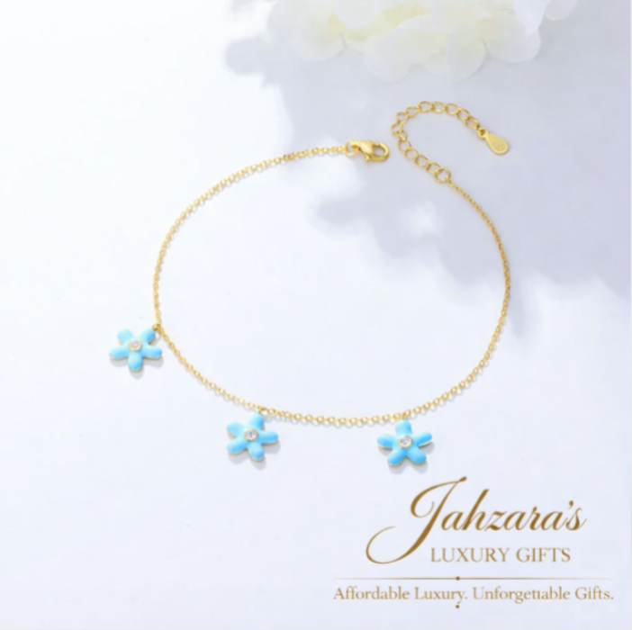 Blue Flower Charm Anklet — 925 Sterling Silver | Enamel & Zircon | Gold & Silver | Luxury Beach Jewelry