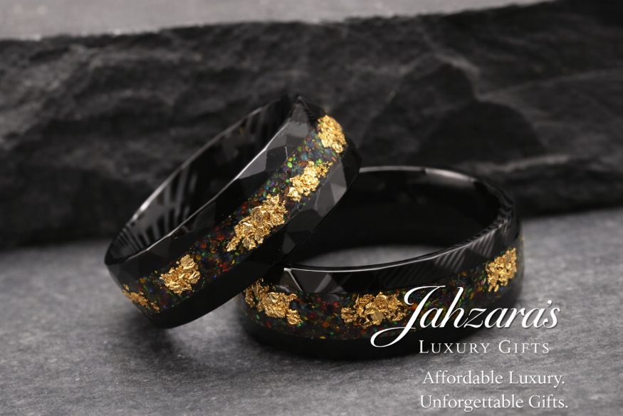 Men's Damascus Steel Black Tungsten Ring — Gold Foil & Opal Inlay | Unisex