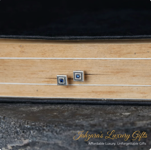 Vintage Blue Sapphire Square Stud Earrings - 925 Silver | Luxury Geometric Jewelry