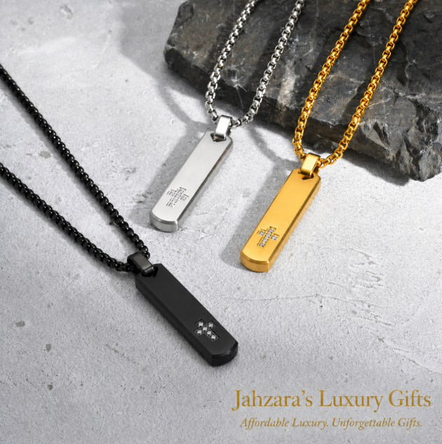 Geometric Cross Pendant Necklace — PVD Gold Stainless Steel Square Pearl Chain