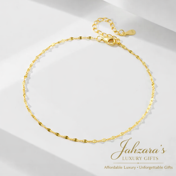 14K Gold Tile Chain Anklet | S925 Sterling Silver | Adjustable Luxury Anklet