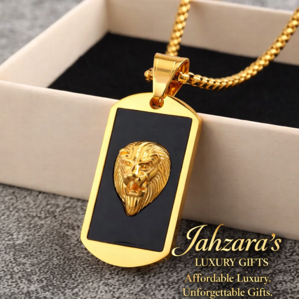Lion Head Dog Tag Pendant Necklace — 18K Gold Stainless Steel