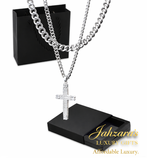 Iced Out Cross Double Layer Cuban Chain Necklace Set | Stainless Steel Men's Faith Jewelry