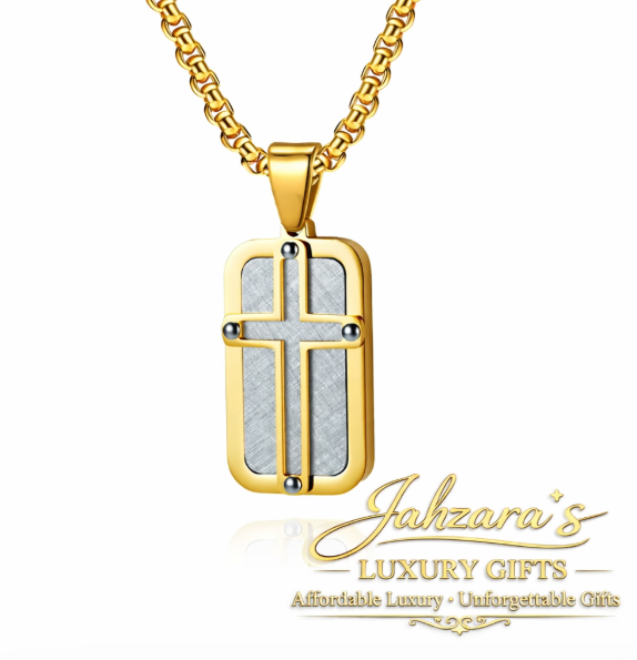 Men's Dog Tag Cross Pendant Necklace Set - Stainless Steel with Chain | Gold, Black & White, Black & Grey