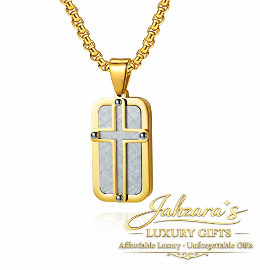 Men's Dog Tag Cross Pendant Necklace Set - Stainless Steel with Chain | Gold, Black & White, Black & Grey