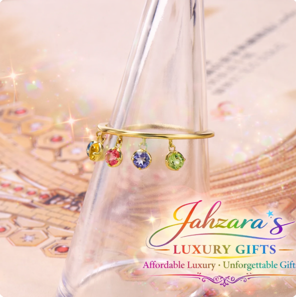 Rainbow Crystal Tassel Ring - Gold Plated Statement Ring with Colorful Gemstone Charms | Adjustable Open Band
