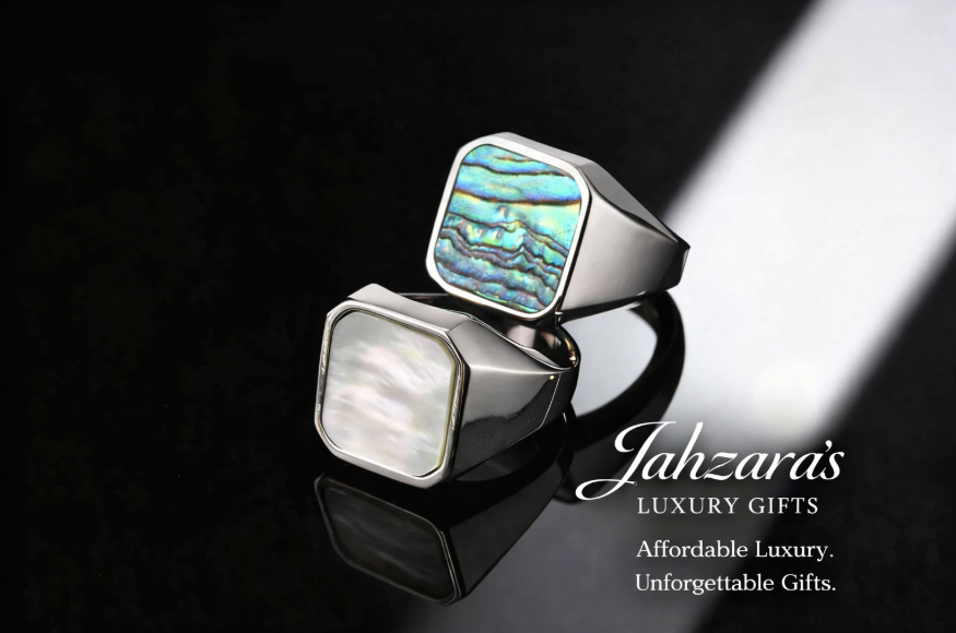 Men's Shell Inlay Signet Ring — Stainless Steel | Abalone & Mother of Pearl | Sizes 7–12